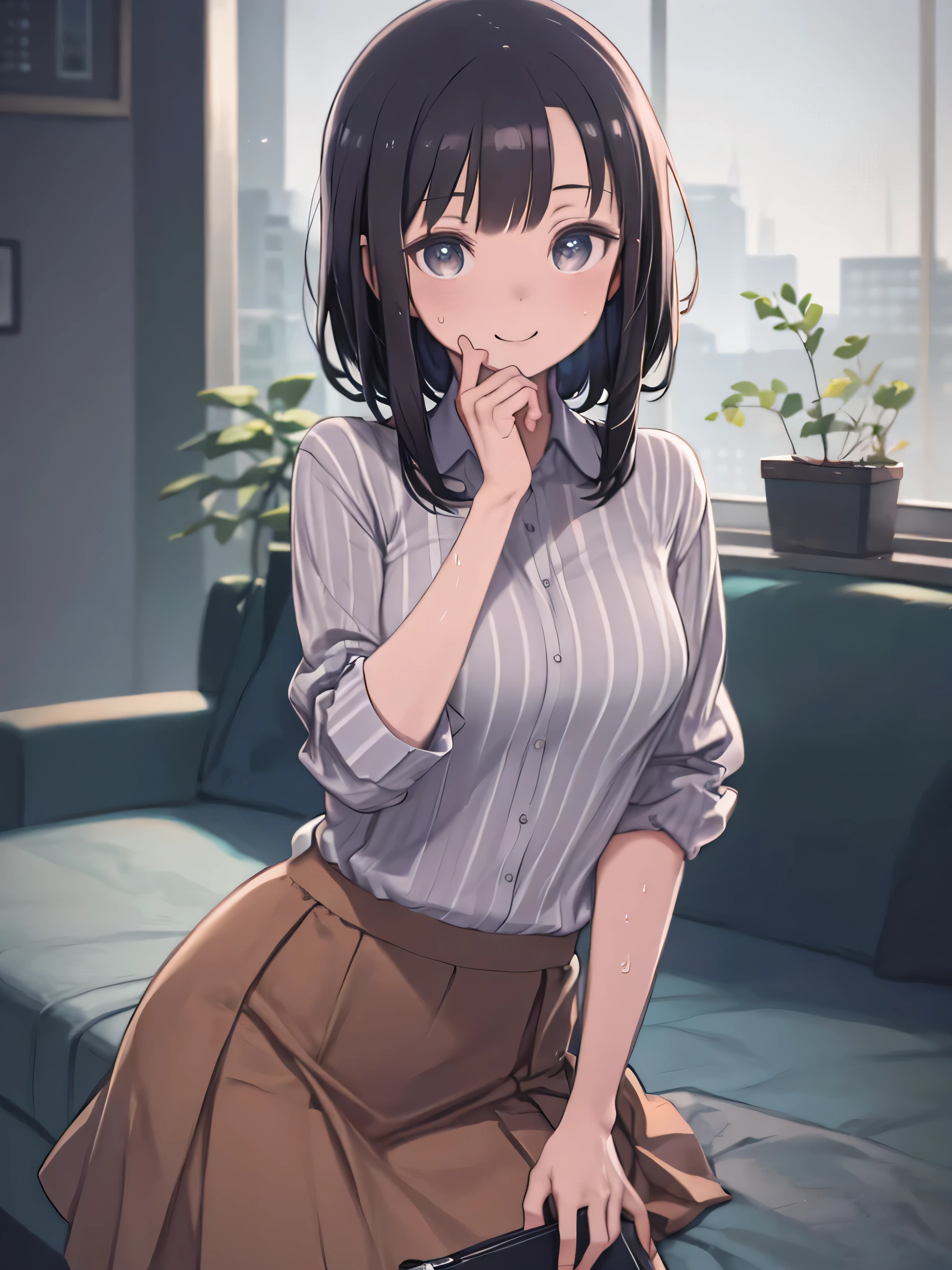 Solo Summer Sunshine:1.3 Dazzling, strong light, sweat on forehead, smiling, anime drawing with clear shadows, male:1.9 Elderly:1.9 Working adult, 48 years old, short black hair, tall, assertive, tall and slender, apartment living room, table, sitting in chair, tea, business bag, good weather