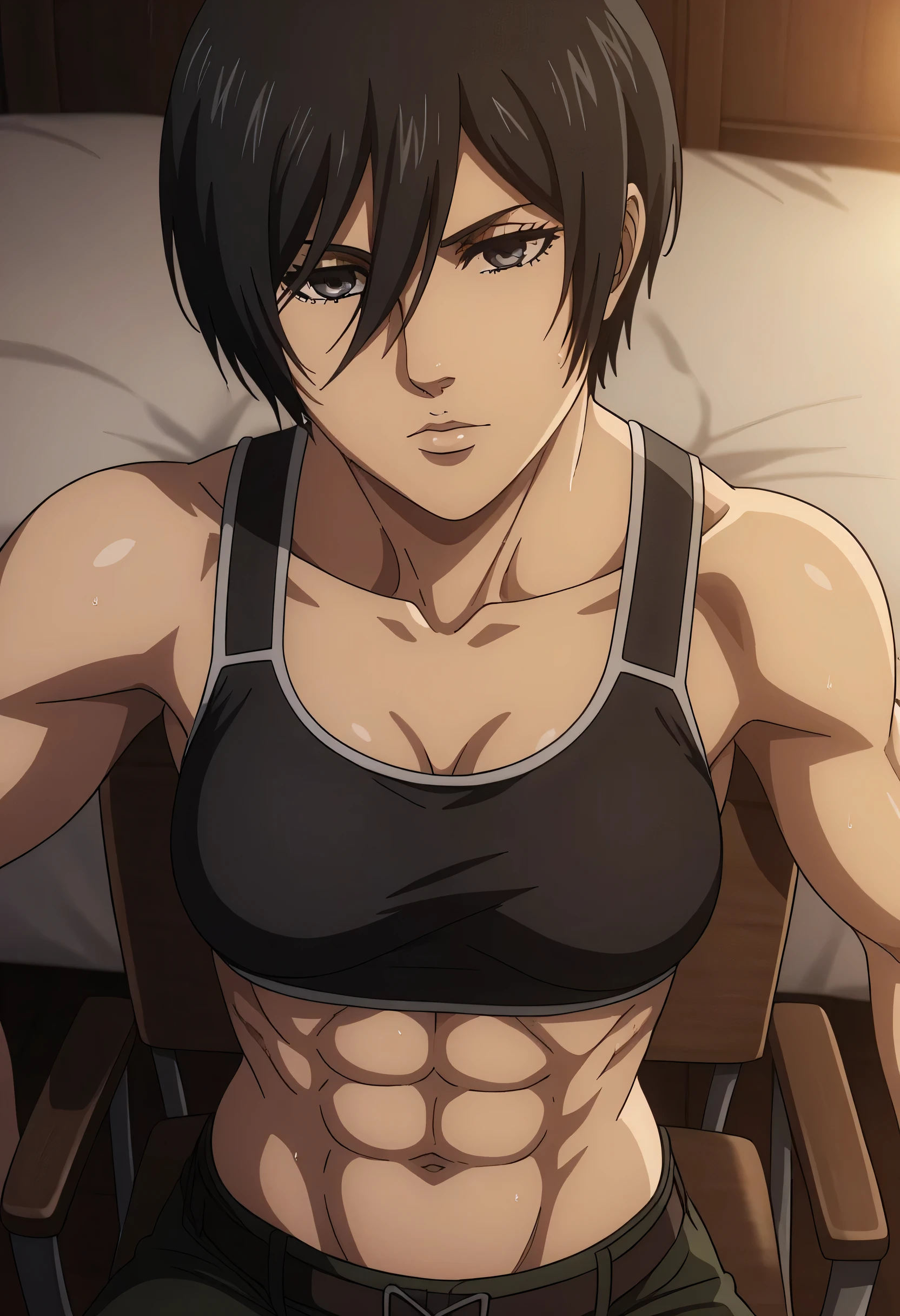 score_9, score_8_up, score_7_up, BREAK source_anime, mikasa ackrman, grey eyes, black hair, short hair, medium breasts,Mikasa wreanig black tight sport  Elastic  fiber  bra and black loose military trousers,mikasa with good looking body,perfect lighting,mikasa final season design,mikasa mappa version,sitting on  chair, Perfect generation,mikasa boy hairstyle,mikasa season 4 version,attack on titan graphics,in night,HD wallpaper,perfect colors,pixie cut hairstyle,contemplative face,,wet body,mikasa flat stomach,mikasa only six-pack,normal body size,anime style,tone six-pack,attack on titan season 4 style,upper body,close review to character,bra design  as tank top, mikasa handsome face,in bedroom,light trun off in room,mikasa alone in room,solo,1girl, serratus anterior muscles,Qblique muscles,female navel,female power attractiveness,looking at above,view from above,mikasa one hand hold a viewer in above 