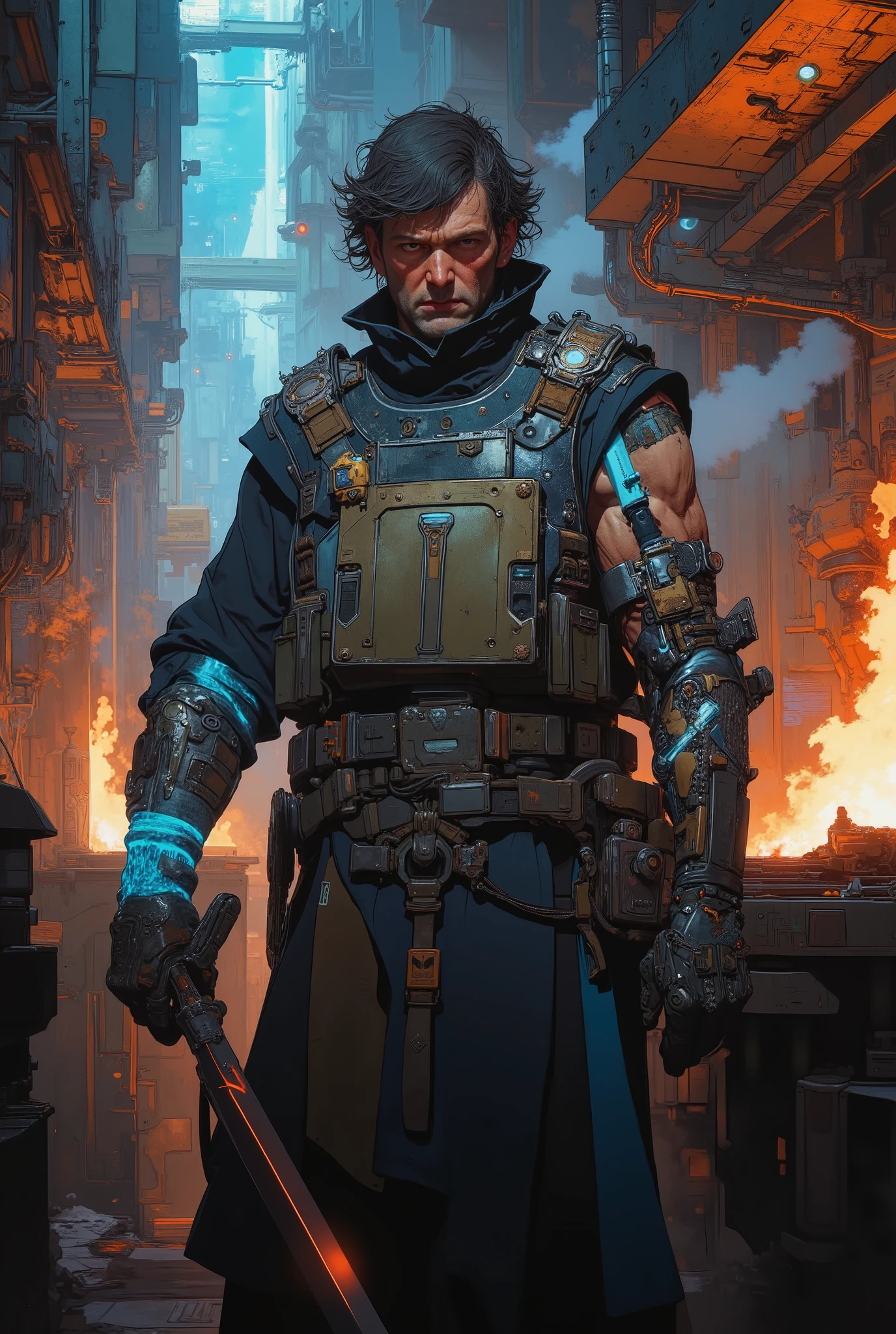 Will Turner, cyberpunk blacksmith, wearing a high-tech armored vest with glowing blue accents, cybernetic arm with built-in tools, wielding a plasma sword, standing in a futuristic forge with robotic arms and molten metal, neon lights reflecting on his armor, cinematic lighting, highly detailed, 8k resolution, cyberpunk aesthetic, by Simon Stålenhag and Beeple