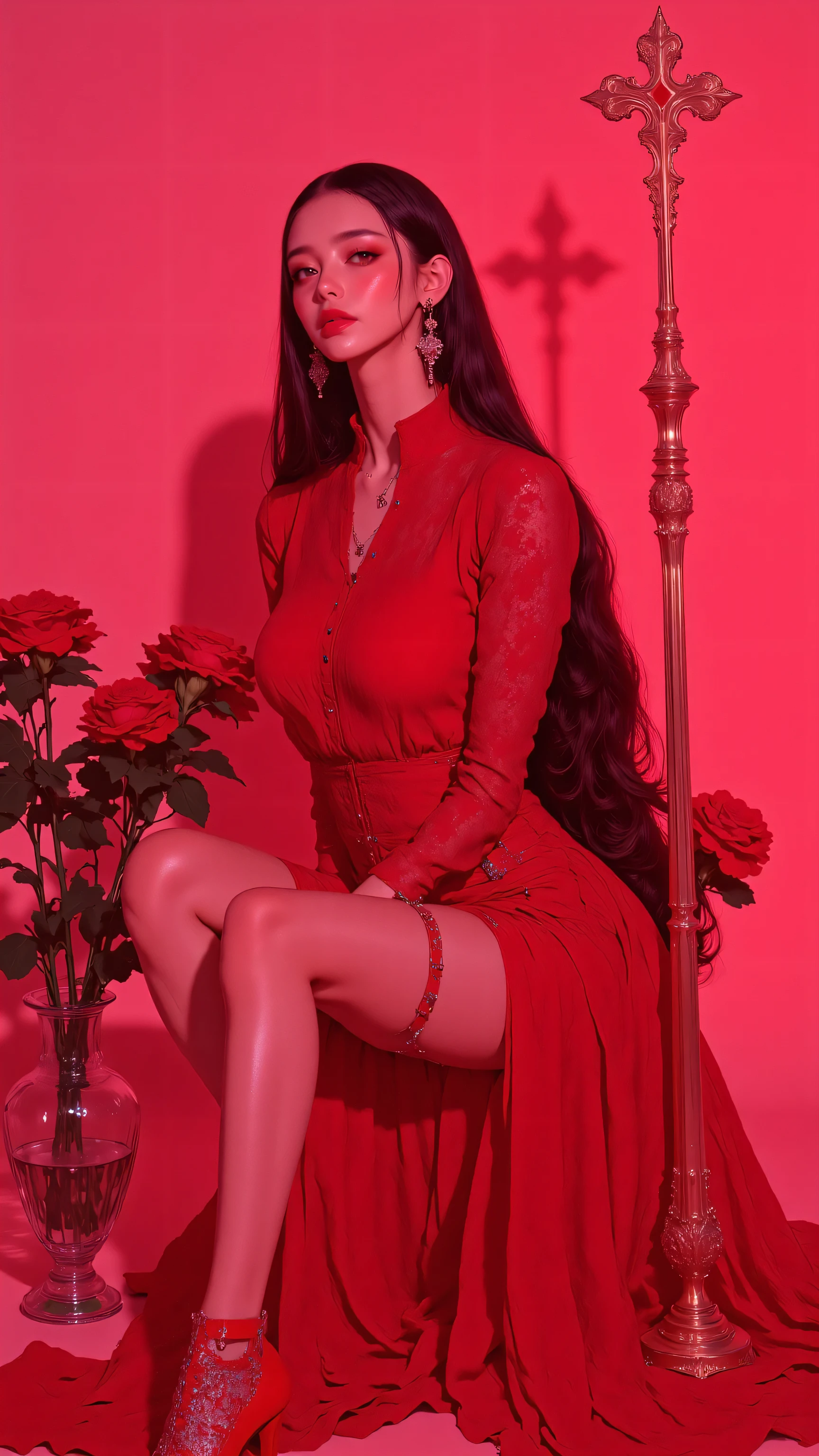 8k, masterpiece, highest quality,  Korea's Beautiful Women, long, dark hair, fair skin, slender build; red lace dress, red heels, accessories; seated, standing, posing with props; pink-red background, shadowed silhouettes, roses, vases.