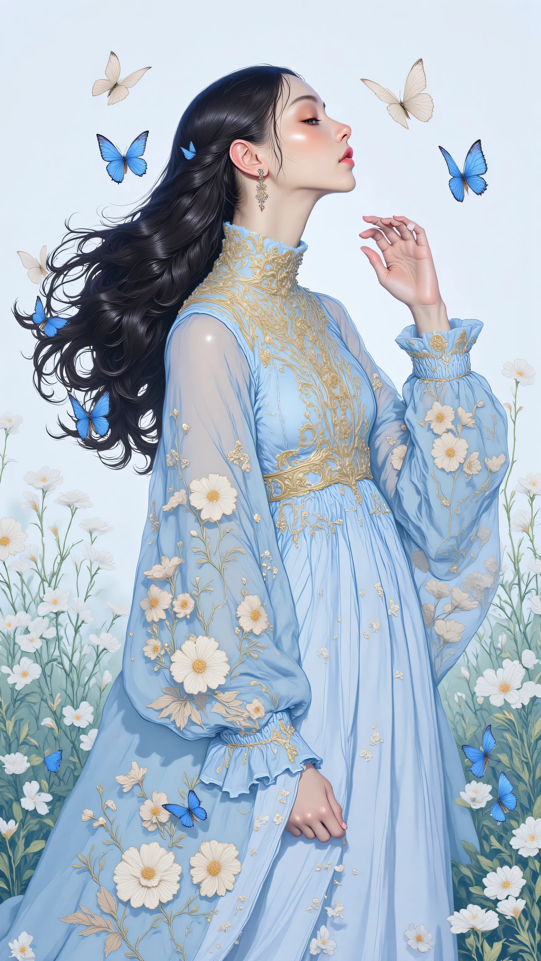 8k, masterpiece, highest quality,  Korea's Beautiful Women, serene, delicate features, light blue, sheer gown, floral embellishments, butterflies, flowers,  serene pose,  soft focus, light background.
