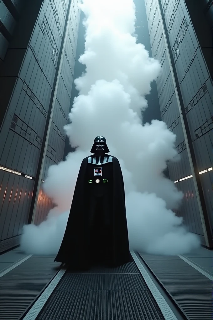 cinematic movie still of darth vader as a furry in a space hangar, spacecraft in background, realistic, masterpiece, cinematic scene, cinematic lighting