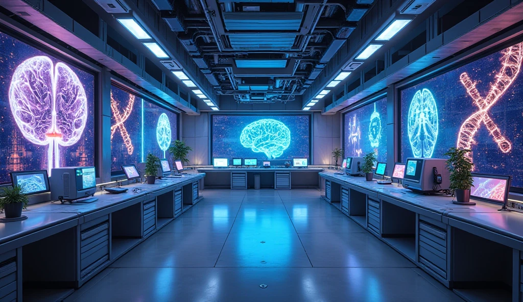 A futuristic laboratory with holographic brain scans and glowing DNA ...
