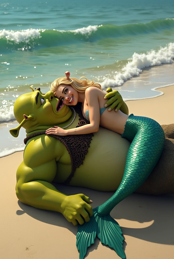 NSFW (nude) (Melissa Benoist ((human)) medium breasts, strip of pubic hair) woman on top reversed, sixty-nine sex with (one male muscular ((orc)) with a fat penis), on a deserted beach