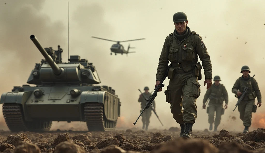 Amidst the deafening echoes of artillery fire and the billowing smoke of scorched landscapes, capture the poignant scene of a weary, battle-hardened soldier in the heart of World War II. With a tear-streaked face and mud-caked uniform, he clutches a faded photograph, his last connection to a world left behind. Surrounding him, the devastation of war unfolds: comrades rally, stoically persevering; tanks rumble forward, leaving trails of destruction; overhead, fighter planes engage in a dance of aerial combat. In the distance, a war-torn city's skyline bears the scars of relentless bombings. Amidst the chaos, this soldier embodies the resilience and sacrifice of an entire generation, a symbol of humanity's indomitable spirit in the face of adversity.