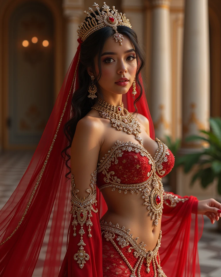 Beautiful, cute baby Face, 16 Years old russian lolita Girl, red lipstick, sensual Lipstick, dark red lipstick,blue eyes, (wearing hijab) and sexy kebaya dress, Rounded small Breast, cleavage cutout, slightly Chubby , luxury necklace, White Skin, Smiling, Dark City Background, mid shot, upper body, Perfect Potrait, Bokeh Effect, Look at Viewer, Armpit, Perfect Eye, Perfect Hand, Perfect Finger, Bracelet, Ring, small breast, ((adorable:1.2)), ((masterpiece:1.1)), ((bokeh:1.2)),