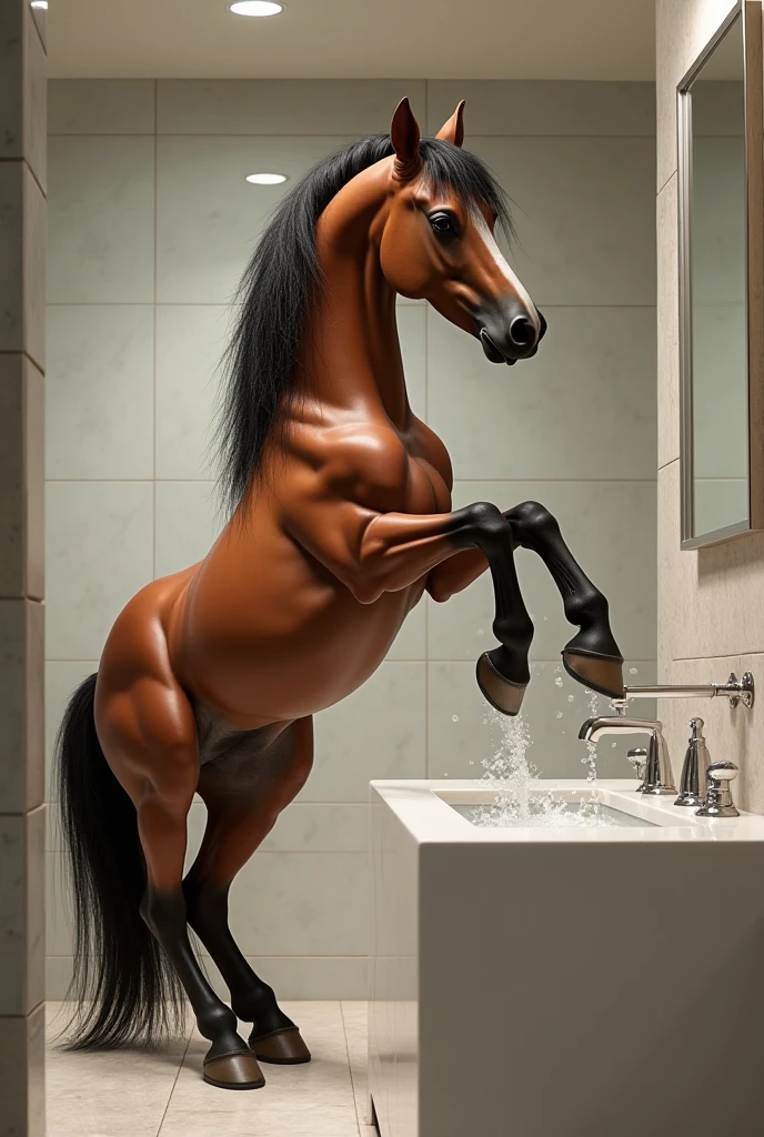 There is one adult character on this picture. The character is a slender anthropomorphic male brown horse, brown fur, slender character, athletic, barefoot, digitigrade, hooves, horse tail, male bare chest, bare chested male, topless male, black nipples, black areolas, nude, naked, black balls, visible balls, balls, black testicles, visible testicles, testicles, black penis, visible black penis, black penis, visible male genitals parts, ass, butt, nsfw. The scene takes place on a solarpunk street. Solarpunk street with a lot of vegetation. Luxurious vegetation. The character is facing a wall. The character is holding his penis. The character is holding his dick. The character is peeing on the wall. The character is pissing on the wall. The character is urinating on the wall. Peeing. Pee. Pïssing. Piss. Piss stains on wall. Urine stains on wall. Piss dripple from the wall. Urine dripple from the wall. Urine splashing on wall. Piss splashing on wall. Piss puddle on ground. Urine puddle on ground. Public urination. Piss stream. Urine stream. Day. Full body. Fullbody. Camera side-view. Camera side view. Side-view. Side view.