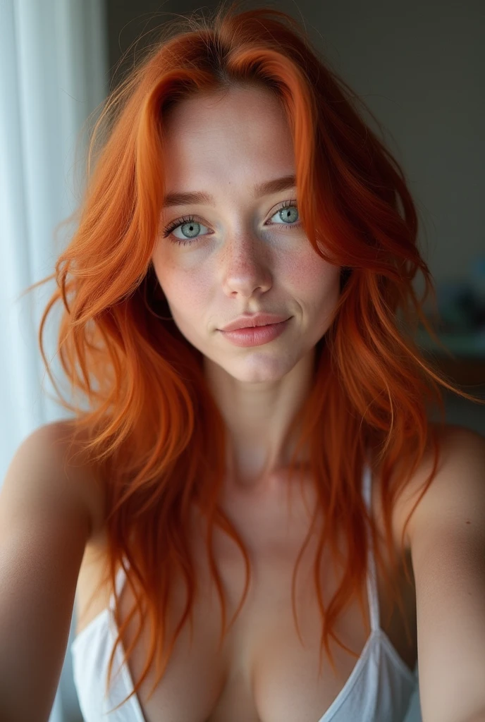  realistic photo [ female], [19], [“sara“], [blues], [long and red ], [white and skinny ],  she's natural ,  she's natural  e ultra realista,  She's Photogenic and model ,  She's taking a selfie ,  photo for Instagram post .