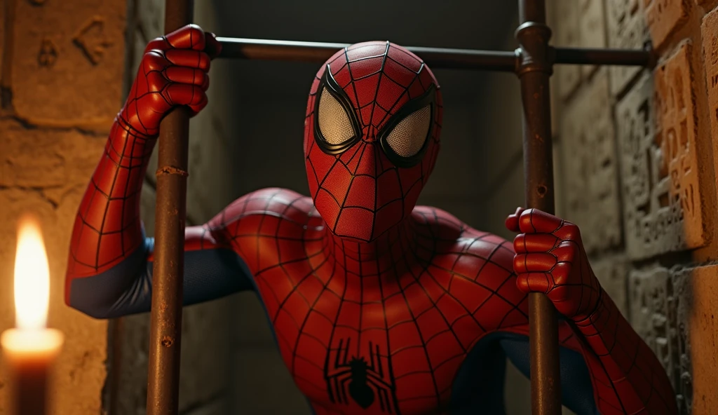 Spiderman hanging from his web upside down looking at Peggy Carter