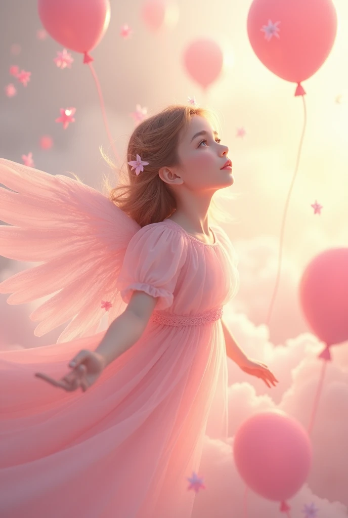 Cute Angel、Beautiful fece、goddes、a smile、twinkle、excitedly、joy、optic、Rose flower、balloons