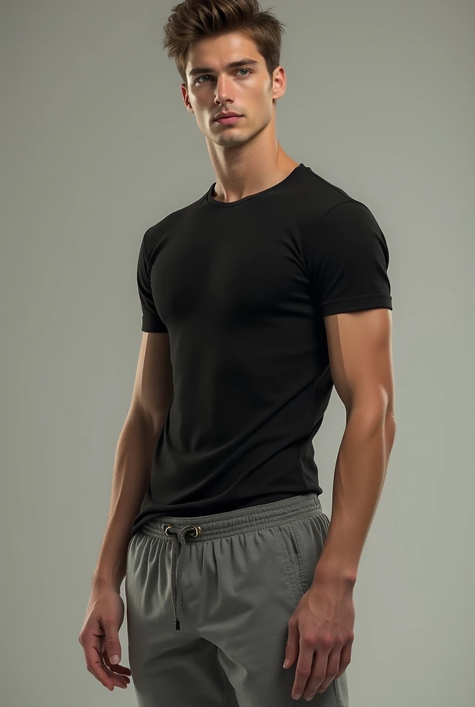 Hyperrealistic cinematic portrait of a handsome 28-year-old white man , He's shirtless and wearing only black boxer briefs, white photo studio background, corpo musculoso, corpo forte, pele realista, pele com textura, pele texturizada, pele detalhada, qualidade 8k, foco nítido