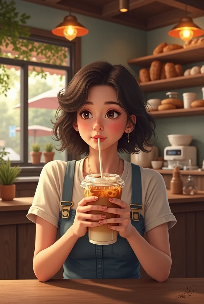 Coffee shop customer holding a drink with a paper straw