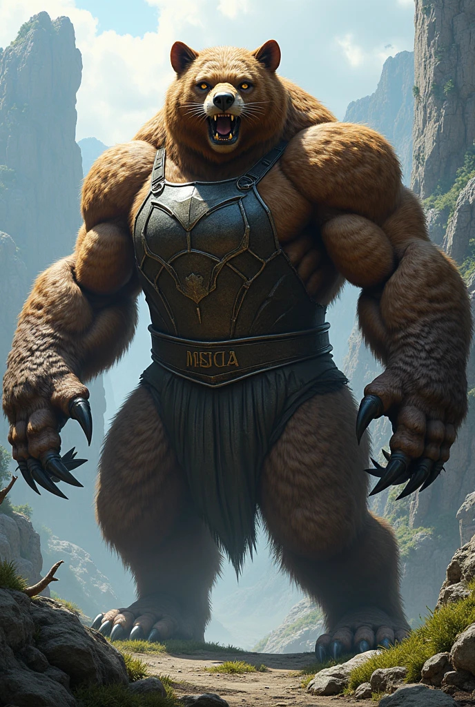 A photorealistic image of the Beast from the movie Beauty and the Beast, super muscular giant, with muscular arms, broad shoulders, giant and toned physique, bursting muscular veins, blue eyes, tail, super furry brown fur, backward facing horns, with veins jumping, barefoot, in the garden of his castle, lifting a weight bar),Sociedade CGS,art stations