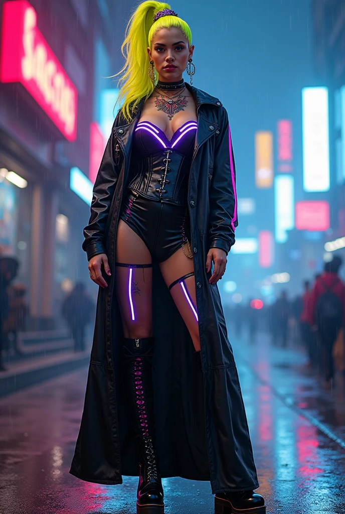 A curvy woman in a  neural lace skater skirt, dystopian neon pattern    orange    bio-synth alloy holo-lace capelet, techno-mesh hiking boots,   made out of plasma-laced textile, vivid colors, futuristic city background <lora:stylesqueeze_v3_xl:0.8>