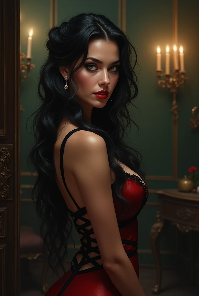 slim mother, cleavage, medieval era, clothed, black haired, prostitute medieval dress, big tits, long hair,