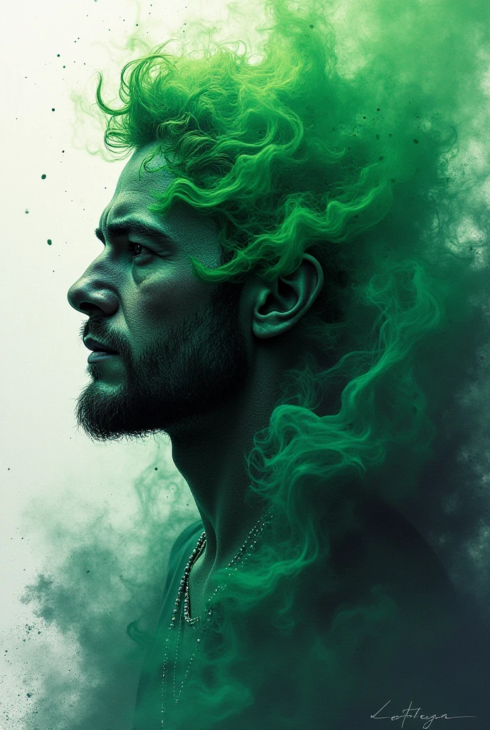 Man with long curly hair holding a large cigarette with huge green smoke, Image Style, bizarre caricature
