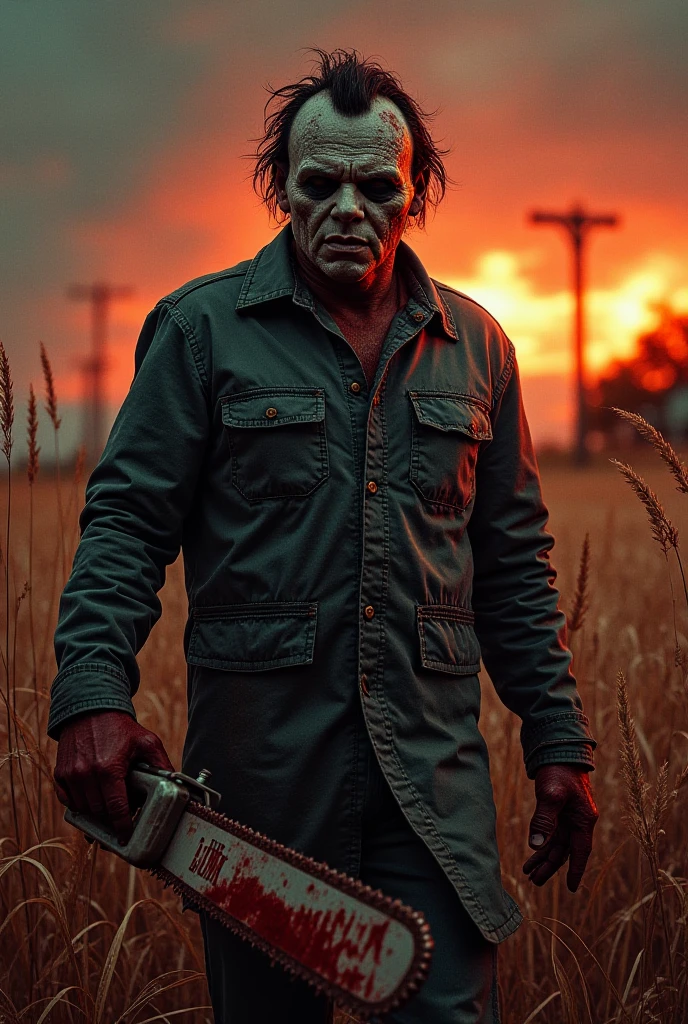 Full Body Shot、Texas Background、Aggressive pose、8k、Dark fantasy、The Texas Chainsaw Massacre、Leatherface、Human skin on face、Strong body、Fat body、apron、blood droplets、Chainsaw、Give the viewer a malicious look, Grabbing Viewer, For the viewer,Shallow depth of field, Vignette, Very detailed, High budget, Bokeh, CinemaScope, Sulky, amazing, nice, Film Grain, granular . Creepy, Anxious, dark, Creepyな, Suspenseful, strict, Very detailed