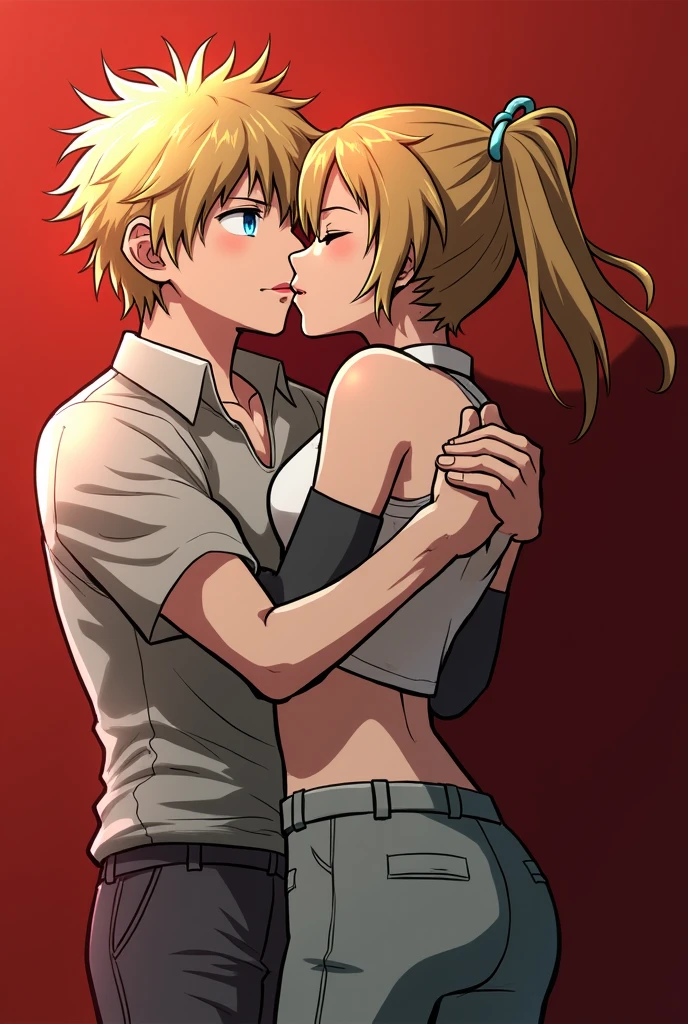 A very cute goth femboy boy with his strong blond masculine boyfriend, they are very much in love with each other, Image made with anime lines