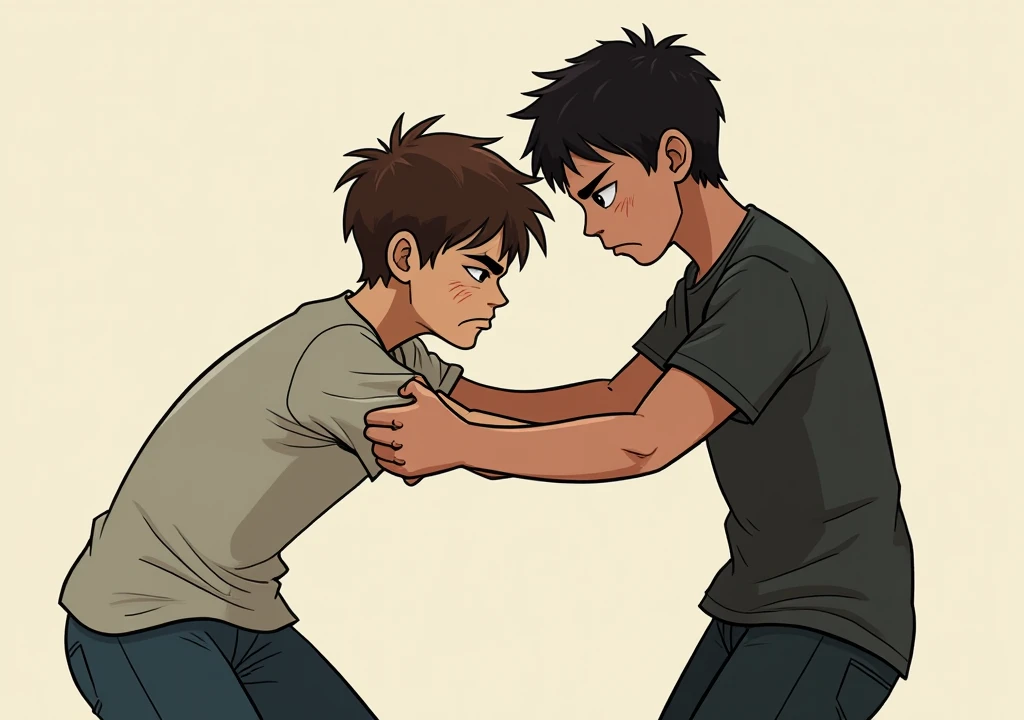 Two boys hug and one boy hold knief inhand backside