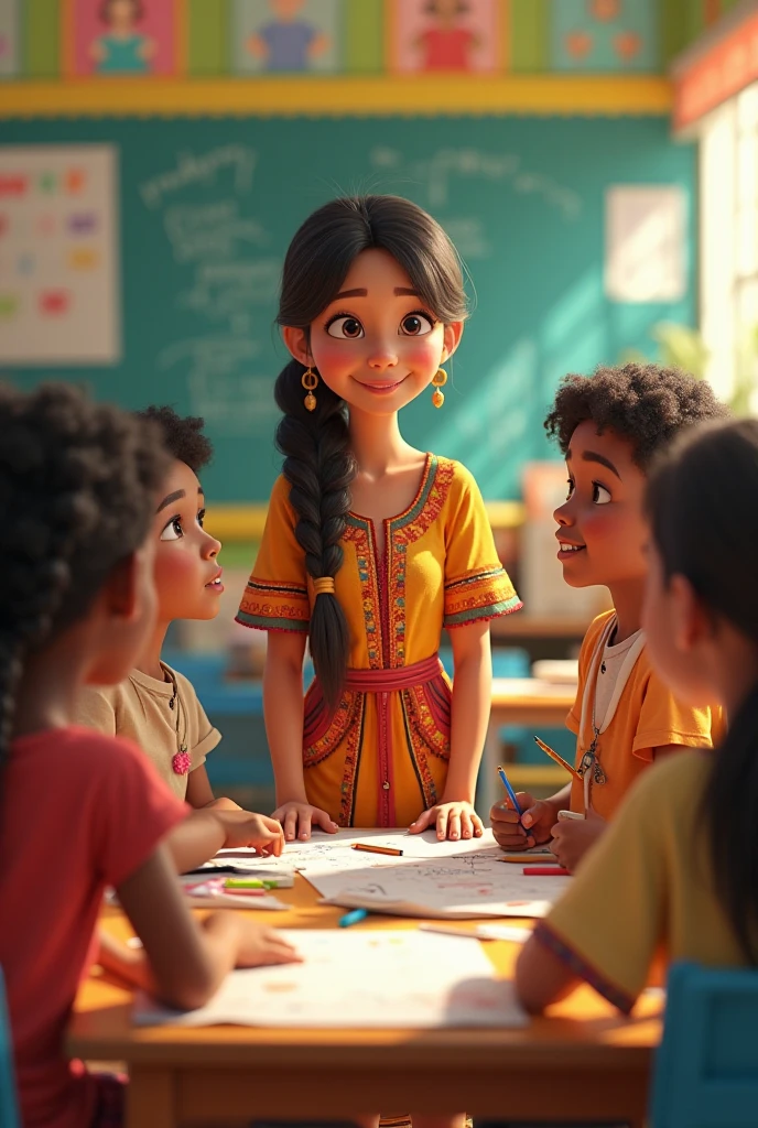 generates an image of a banner with a theme of the movie Encanto, mirabelle madrigal dressed as a teacher, the other characters in a classroom, at the top with the phrase welcome Profe Lore in Latin Spanish.