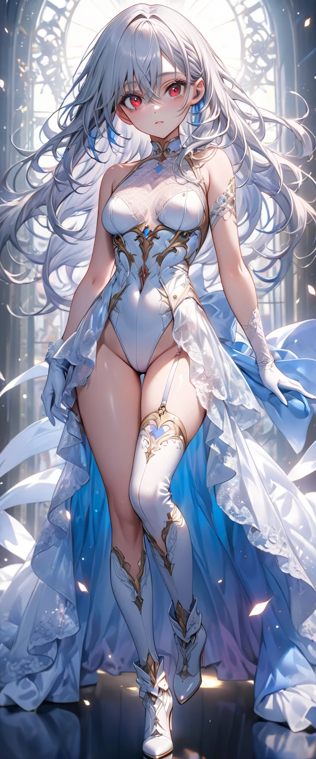 wearing long blue tight dress with detsils of white small roses short bubble sleeves,is a woman with her small breasts, tiny waist huge hips , a blue scarf attached to a round brown gemstone is on top her pink and white curly hair