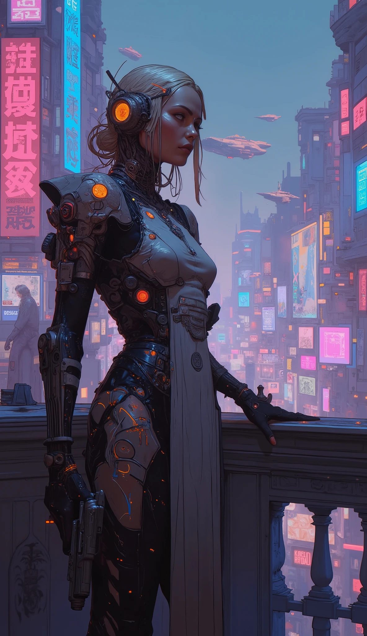 ((Elizabeth Swann)), ((cyberpunk)) noblewoman, wearing a sleek futuristic dress with holographic patterns, a cybernetic eye with a golden iris, holding a high-tech pistol, standing on a balcony overlooking a neon-lit cyberpunk city with flying ships, cinematic lighting, highly detailed, 8k resolution, cyberpunk aesthetic, by Ash Thorp and Josan Gonzalez.
