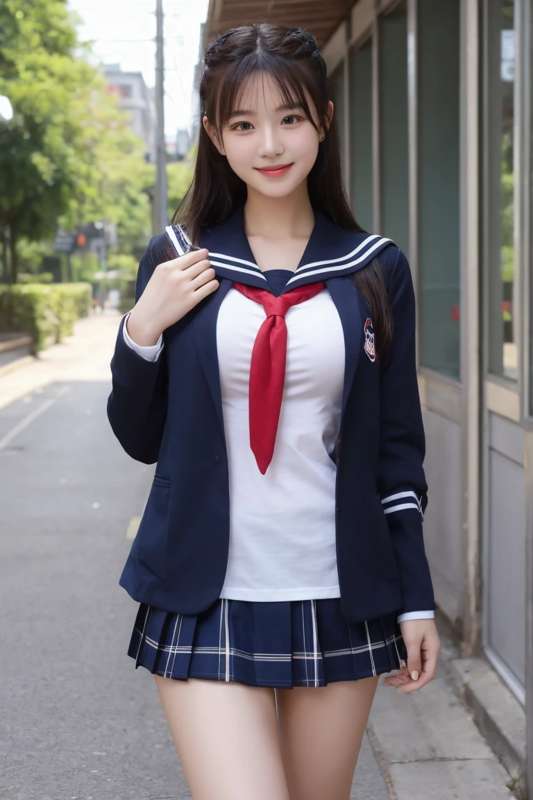 Masterpiece、highest quality、Woman 1、Super detailed　Black Hair、Straight Hair　Japanese school girl uniform、Sailor suit、Pleated skirt、Long skirt、erect nipples　Muscular thighs　classroom、blackboard