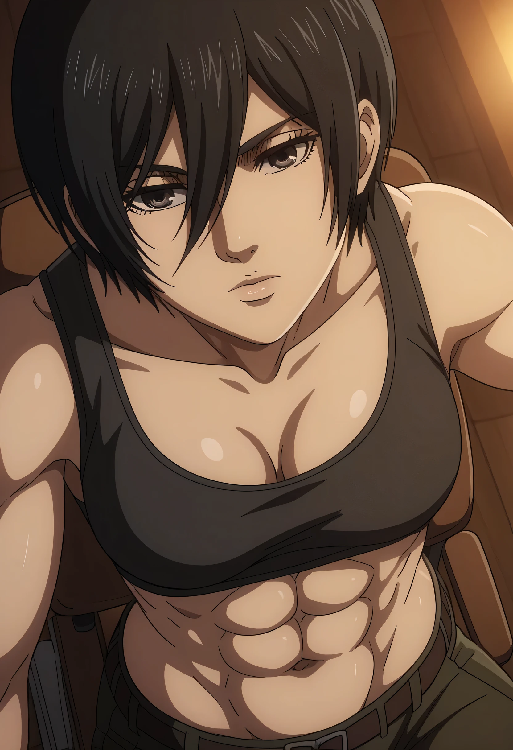 score_9, score_8_up, score_7_up, BREAK source_anime, mikasa ackrman, grey eyes, black hair, short hair, medium breasts,Mikasa wreanig black tight sport  Elastic  fiber  bra and black loose military trousers,mikasa with good looking body,perfect lighting,mikasa final season design,mikasa mappa version,sitting on  chair, Perfect generation,mikasa boy hairstyle,mikasa season 4 version,attack on titan graphics,in night,HD wallpaper,perfect colors,pixie cut hairstyle,contemplative face,,wet body,mikasa flat stomach,mikasa only six-pack,normal body size,anime style,tone six-pack,attack on titan season 4 style,upper body,close review to character,bra design  as tank top, mikasa handsome face,in bedroom,light trun off in room,mikasa alone in room,solo,1girl, serratus anterior muscles,Qblique muscles,female navel,female power attractiveness,looking at above,view from above,mikasa one hand hold a viewer in above, sift white hands in mikasa shoulders indicates that viewer is beautiful girl,romantic theme