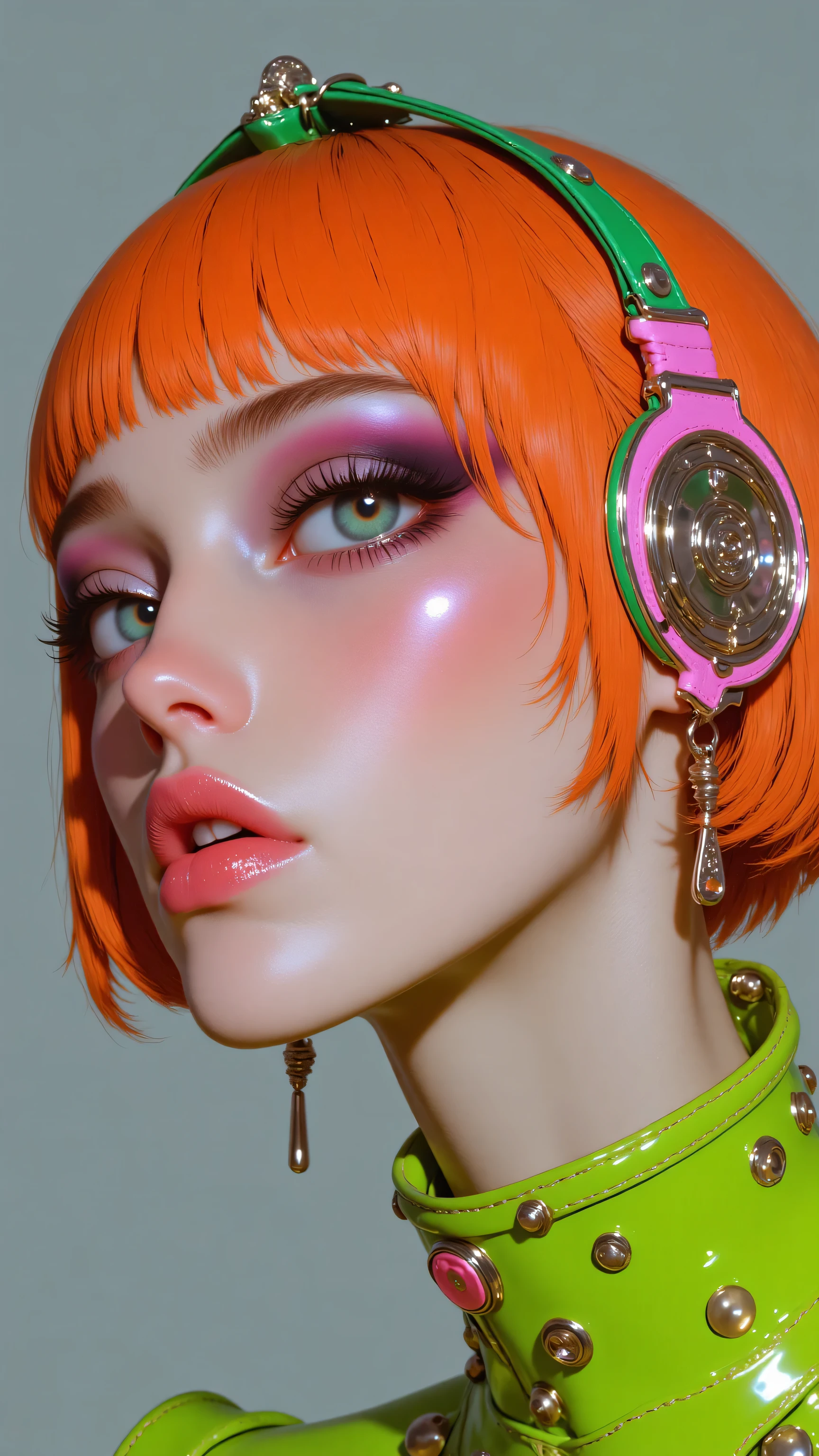 8k, masterpiece, highest quality, Korea's Beautiful Women, Close-up, frontal, stylized, short bob, orange-blonde hair, turquoise eyeshadow, black eyeliner, pink lips, glossy lips, large earrings, pink accents, lime green choker, patent leather, bright, vibrant, graphic, futuristic, avant-garde, soft lighting, muted gray background, polished, hyperreal, digital enhancement.