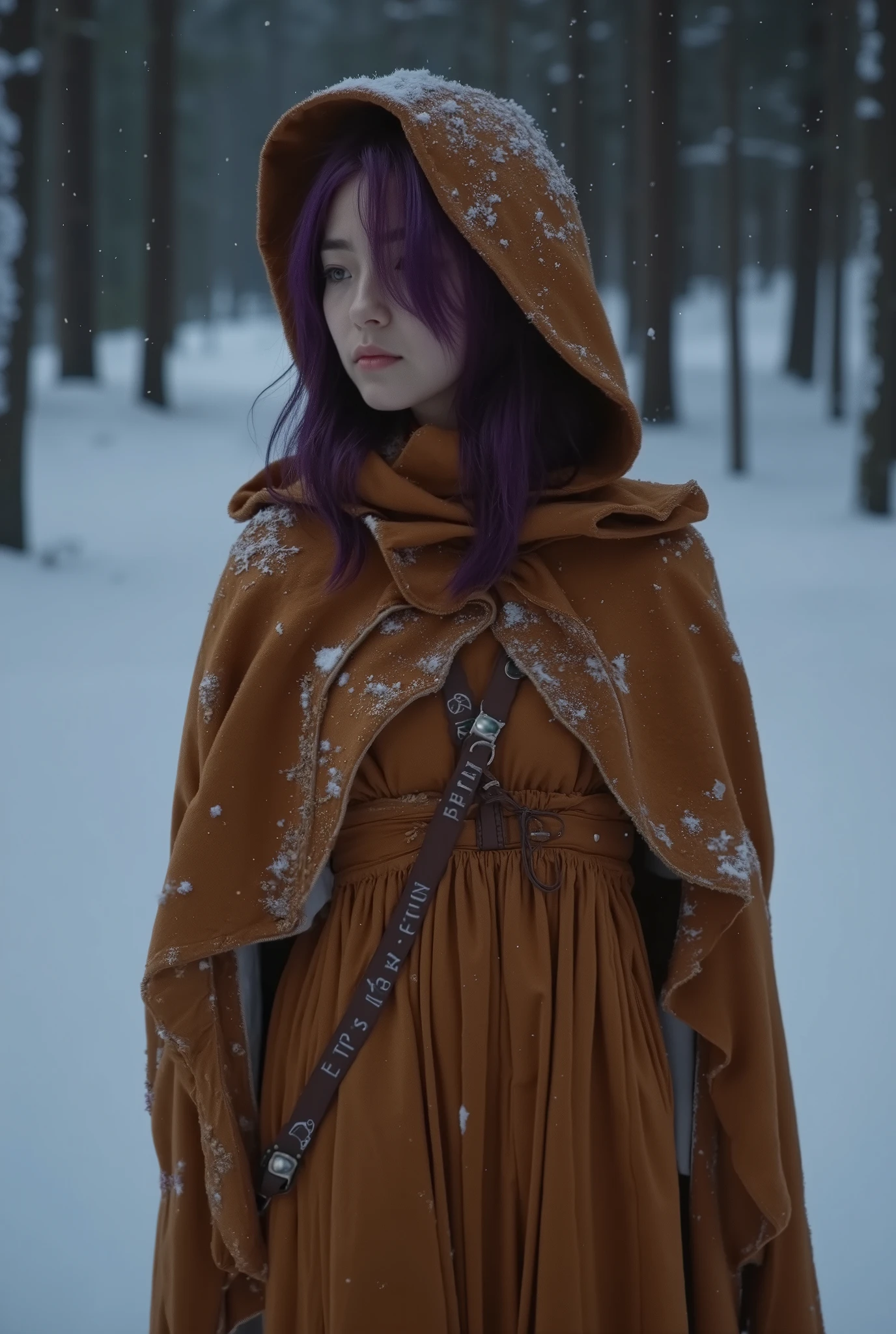 (Anatomically perfect and accurate body depiction: 2), (Anatomically perfect and accurate fingers, hands, arms, legs, feet: 2), (Small head, small face: 2), 1 Female, (Detailed outdoor snowy night atmosphere: 1.8). A woman standing in a snowy environment wearing a russet hooded cloak. Snowflakes are visible on the cloak and the background appears to be a winter forest or woodland. The figure has long (purple) hair which is partially visible from under the hood. The cloak has a leather strap with the words "Witch Hunting is Wrong" written on it. The overall atmosphere of the image is cold and mysterious with a focus on the figure's face and the intricate details of the cloak and snow..,Night,