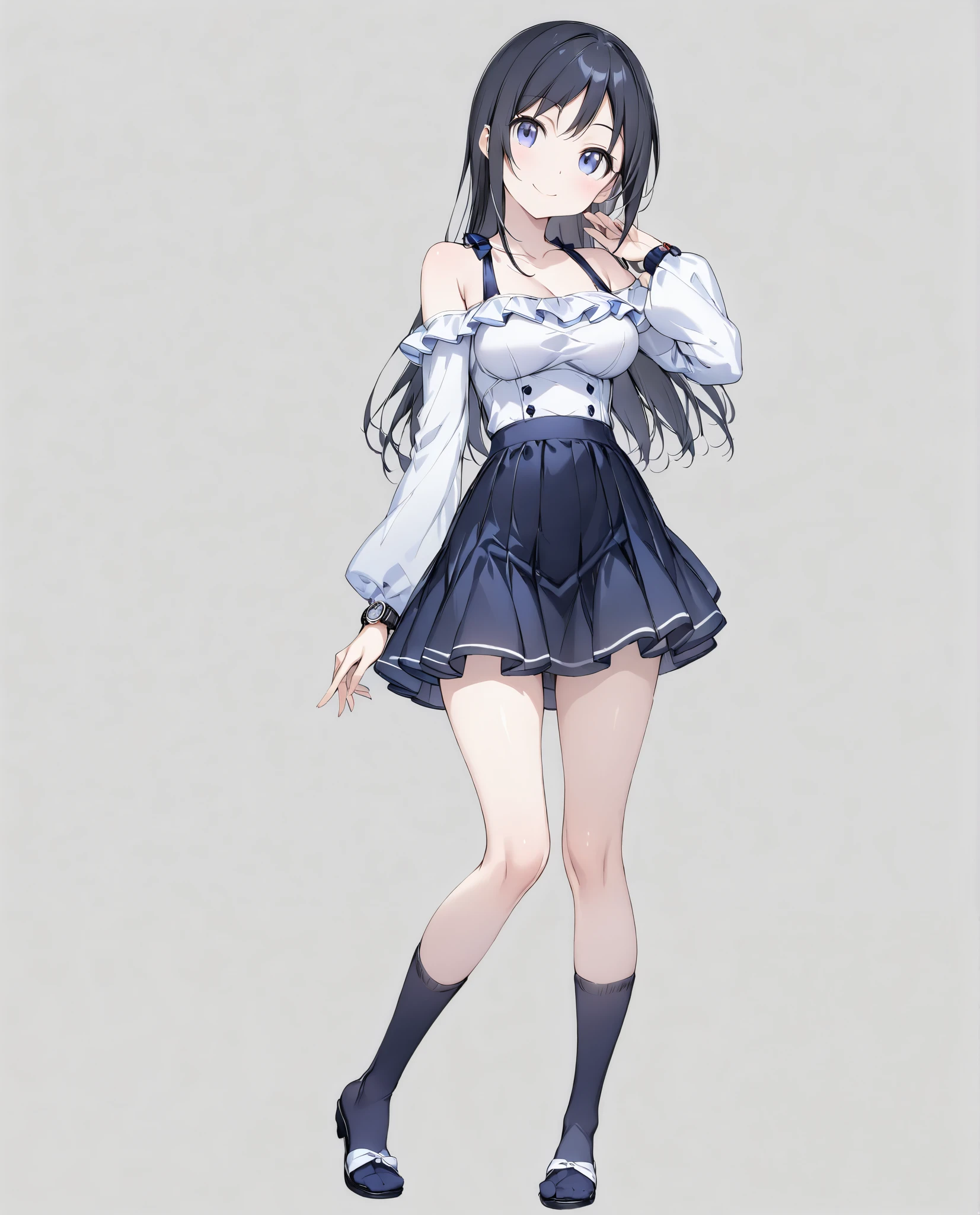 ( girl),( alone),

 masterpiece、  high quality 、  Hi-Res、
 grey background、
(  from head to toe :1.5、 full body view:1.5)、In the center:1.2、

Ayase Aragaki,  long hair,  blue eyes,  black hair, 

(  so beautiful:0.9)、(  very cute :0.9)、
(round face)、(Brighten Your Face:0.7)、( very detailed face)、(round face)、
( Detailed face:0.7)、(high nose:1.0)、(smile)、
Round Breasts、

  Read more 、  slender figure、  perfect five fingers 、
( white skin)、  smooth skin 、 

break
( White Off Shoulder Top with Ruffle Sleeves )、
  dark blue miniskirt 、Blue knee-high socks 、
White pumps、
 detailed clothing、

 bright color、Delicate fabric、

 Watch viewers, 

Slight Body ,
 medium boobs,
 petite height,

( alone Focus:1.0),
( is standing:1.5),
( seductive poses:0.2),

(  full body shot :1.5), 
( from the front :0.7),

( no background),