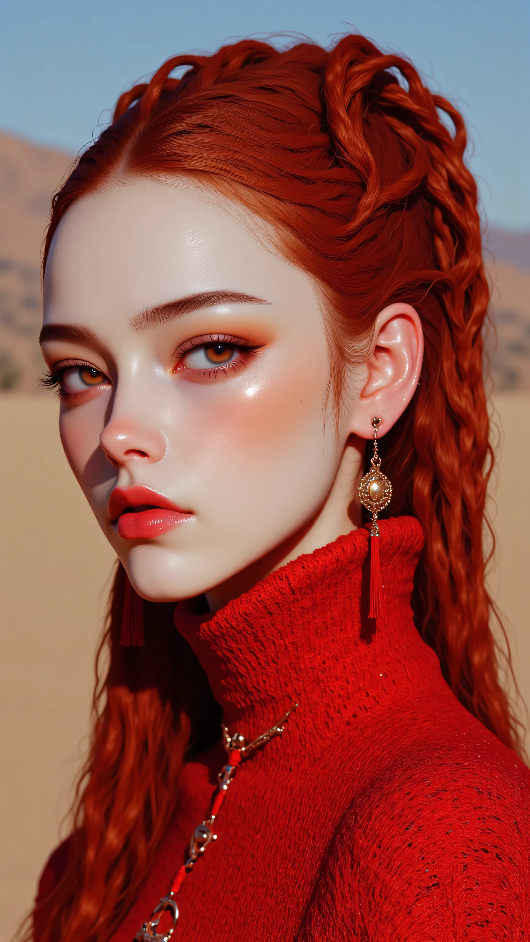 8k, masterpiece, highest quality, Korea's Beautiful Women, Close-up, pale skin, red hair, dreadlocks, red eyeshadow, red lips, red earrings, tassels, high-necked, textured, red garment, knitted, crocheted, blurred background, sandy landscape, desert, clear sky, fantasy, artistic styling.