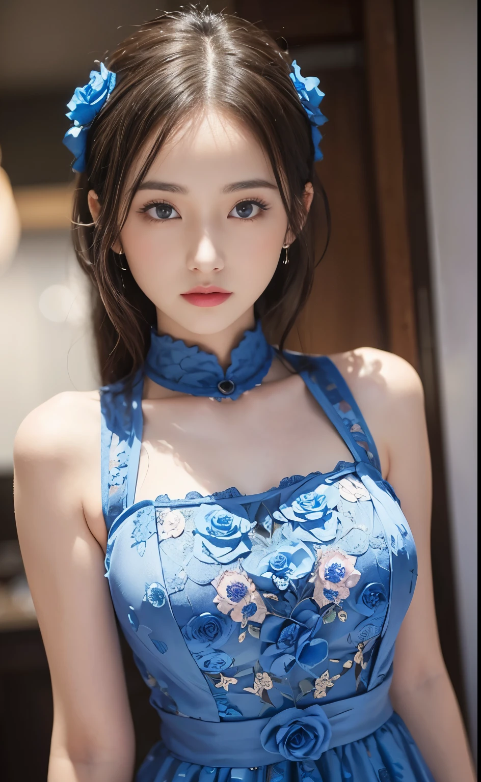 ((1 Young and beautiful girl:1.2)), cute little, (8K, Raw photography, top-quality, masterpiece:1.2), high-definition RAW color photography, professional photograpy, ciinematic light, (masuter piece:1.5), (top-quality:1.2), (ssmile:1.2), (cleavage of the breast:1.2), Slender beautiful girl, blue eyess, Sexy and cool, with floral pattern, opened breast, bare shoulders, pubick hair, (cameltoe details), Pleasure, feels good, Opening Mouth, roses, florals,