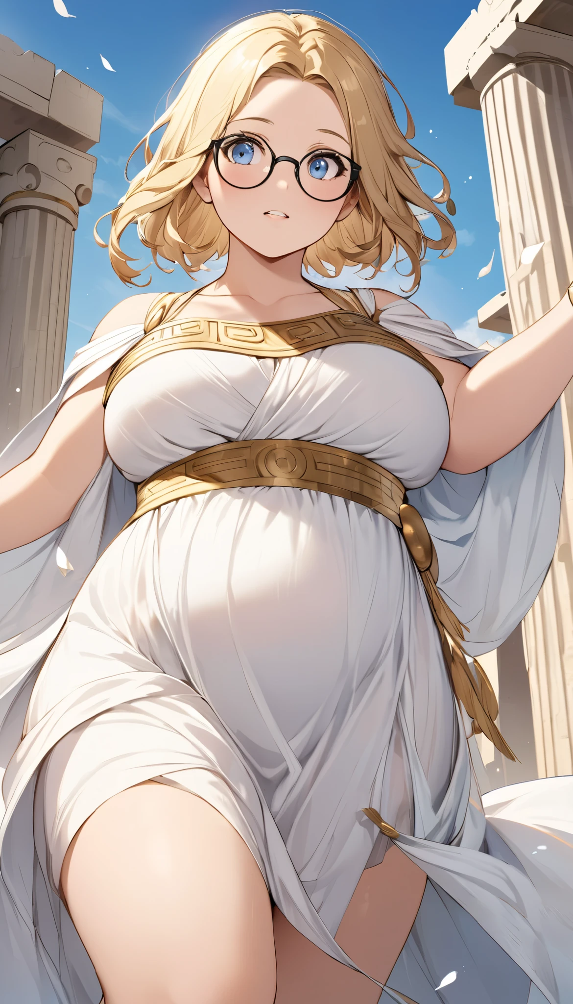  chubby girl ,  blond and blue eyed,  medium length hair, Open forehead, Round Face,  Black Framed Glasses
Greek style clothing, Greek clothing,  Greek Goddess ,  ancient Greek , Ancient World ,  white dress,  Open Thighs ,  ancient Greek 世界 