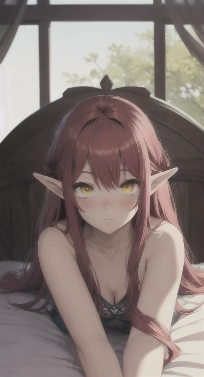 ((best quality, masterpiece, 4k, Best anatomy)), moody lighting, beautiful elf woman, ((crimson red hair)), ((very long hair)), perfect face, innocent smile, sparkling eyes, ((golden eyes)), (naked), (petite), (slender), ((flat chest)), ((18 years old)), skindentation, extreme detail, attractive oval face, pink lips, pink nipples, glossy skin, detailed hair, face focus, close-up chest, gold ornamental necklace, earrings, (1 girl), blush, embarrassed expression,