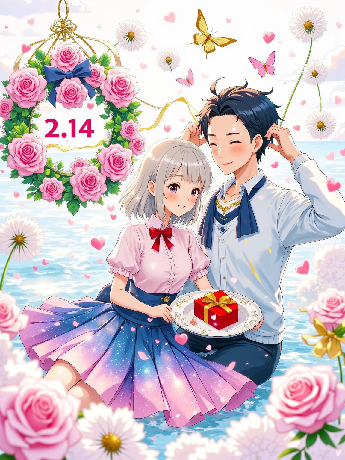 Transparent watercolor texture, White space artistic processing. Q version couple sitting on a letter written by a feather pen, Girl's skirt is dyed into a pink and blue starry sky, Boy's bow tie turns into a butterfly and rests on his shoulder. Floating dendelions and wax seals in the background, Watercolor rose composition "2.14" date, OC rendering simulates the texture of rice paper fiber and pigment precipitation.