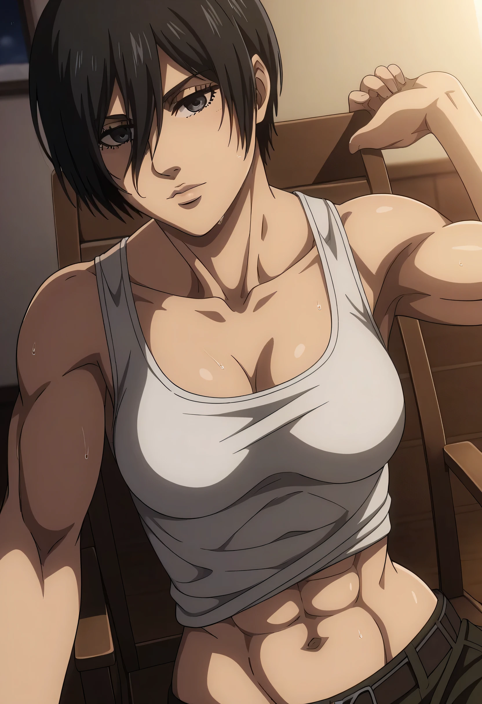 score_9, score_8_up, score_7_up, BREAK source_anime, mikasa ackrman, grey eyes, black hair, short hair, medium breasts,Mikasa wreanig black tight sport  Elastic  fiber  bra and black loose military trousers,mikasa with good looking body,perfect lighting,mikasa final season design,mikasa mappa version,sitting on  chair, Perfect generation,mikasa boy hairstyle,mikasa season 4 version,attack on titan graphics,in night,HD wallpaper,perfect colors,pixie cut hairstyle,contemplative face,,wet body,mikasa flat stomach,mikasa only six-pack,normal body size,anime style,tone six-pack,attack on titan season 4 style,upper body,close review to character,bra design  as tank top, mikasa handsome face,in bedroom,light trun off in room,mikasa alone in room,solo,2girl, serratus anterior muscles,Qblique muscles,female navel,female power attractiveness,looking at above,view from above,mikasa looking at viewer in above, sift white hands in mikasa shoulders indicates that viewer is beautiful girl,romantic theme,pov from viewer,yuri,lesbians,viewer sitting on mikasa lap,viewer wearing white dress,