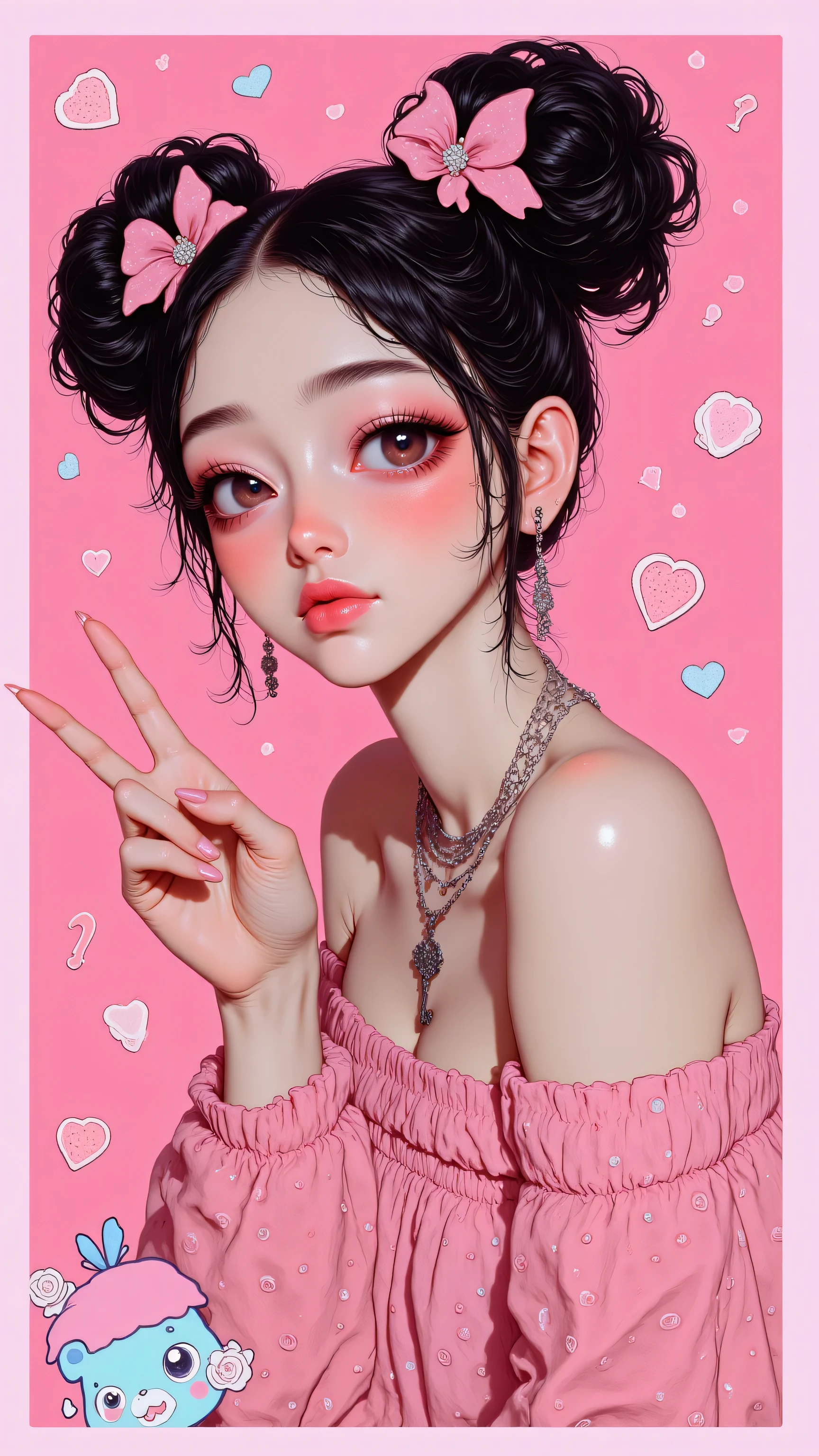 Create a vibrant and playful image of a woman with fair skin and dark hair styled in two buns, each adorned with pink barrettes featuring pink bows and rhinestones. Her fair eyes are accentuated by pink blush on her cheeks, and she wears a necklace with a large black key hanging from it. She sports fair-colored nails, and her pink strapless top is bordered with a thick strip at the top that is darker in color. Her left hand is raised to her face, with her index finger extended, making a "peace sign." The background is a solid baby pink color, resembling bubblegum, with hand-drawn doodles featuring punctuation marks, hearts, flower shapes, star shapes, bear shaped smiley faces, as well as an illustrated pink and white strawberry cartoon with a baby blue top.

