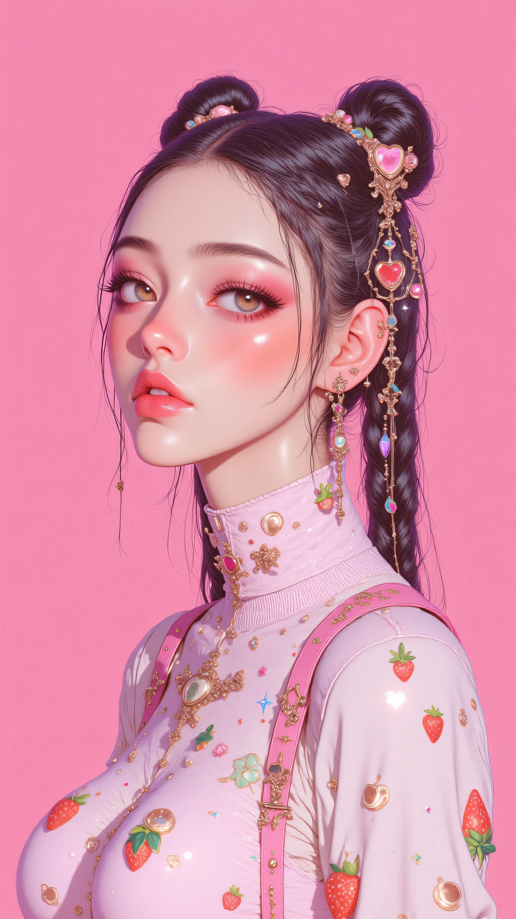 8k, masterpiece, highest quality, Korea's Beautiful Women, kawaii style, pink background, heart decorations, paw prints, space buns hairstyle, pink hair clips, bright makeup, colorful eyeshadow, strawberry icon, coffee cup icon, dreamy expression, soft lighting, digital art, anime-inspired, pastel colors, cute aesthetic, sparkles,