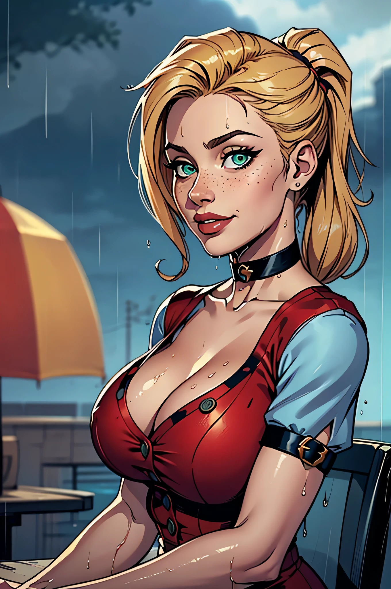 ( absurd, high quality , ultra detailed, be careful with your hand) close up of an athletic woman, slim and curvy (Scarlett Final Fantasy), 25 years, 8k (( High Definition)), beautiful smile, Seductive look, green eyes, nose fine, wearing a red dress ((V-neck with black collar , buttons, short sleeves , choker)), thin waist, arms positioned on the sides of the body, pele caucasiana, long blond hair (( with ponytail and fringe)), She's sitting at a dining table (( Upper body , side view)), with freckles on the chest and neck , (( large, round breasts , wet in the rain)), ((Well defined collarbone)). Marvel style (( high quality )), Rainy day in the background.