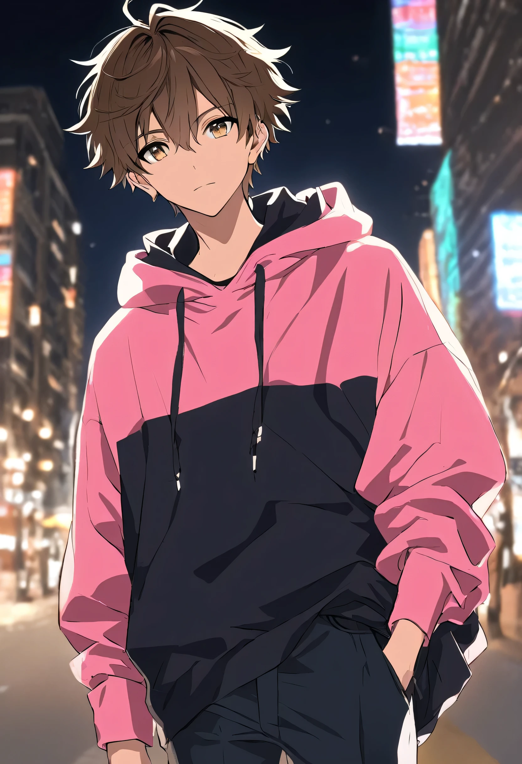 Male + brown hair + hazel eyes + pink hoodie with a blue + black trousers + solo + adult + streets background
