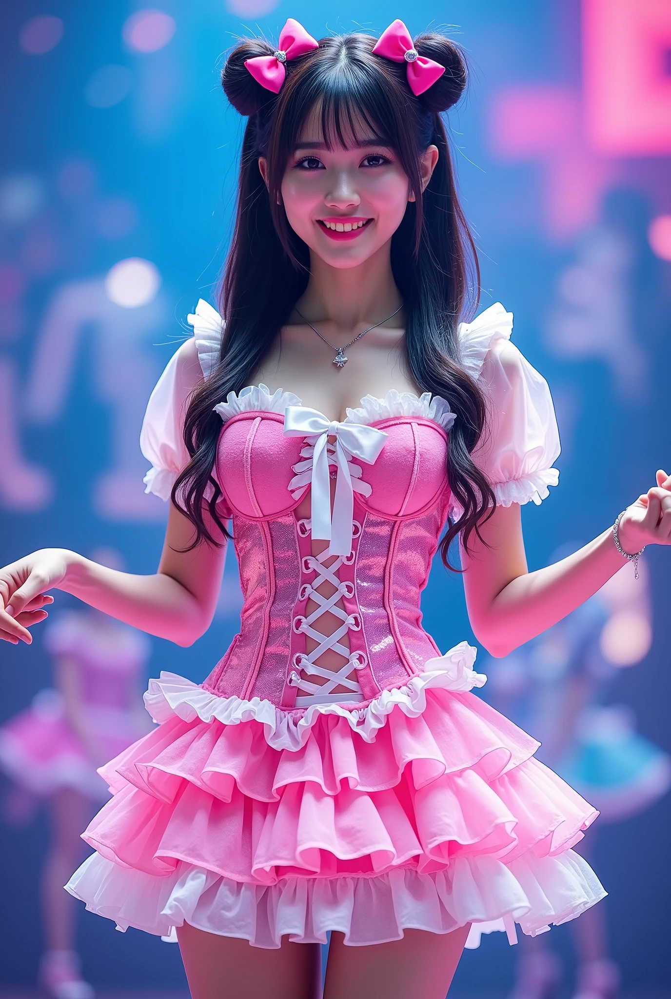 Create a highly detailed, realistic image of a young woman with long, dark hair styled with two small pink bows on either side. She is wearing a vibrant and transparent shinning glossy pink short dress that has a layered, frilly design with white ruffled edges on the sleeves and neckline. The dress has intricate lace-up details on the front, with white ribbons crisscrossing over the bodice. A large, white bow is tied around her waist, and the skirt is layered with multiple ruffles, alternating between white and pink frills. The upper part of the dress has a mix of white and blue accents, especially around the shoulders, giving it a lively, idol-like appearance. The girl’s expression is cheerful and playful, with a radiant smile, captured both in performance and posing with a slightly pensive look. Ensure that her outfit appears shiny and glossy, reflecting stage lights, and incorporate a vivid, performance-like atmosphere in the background.