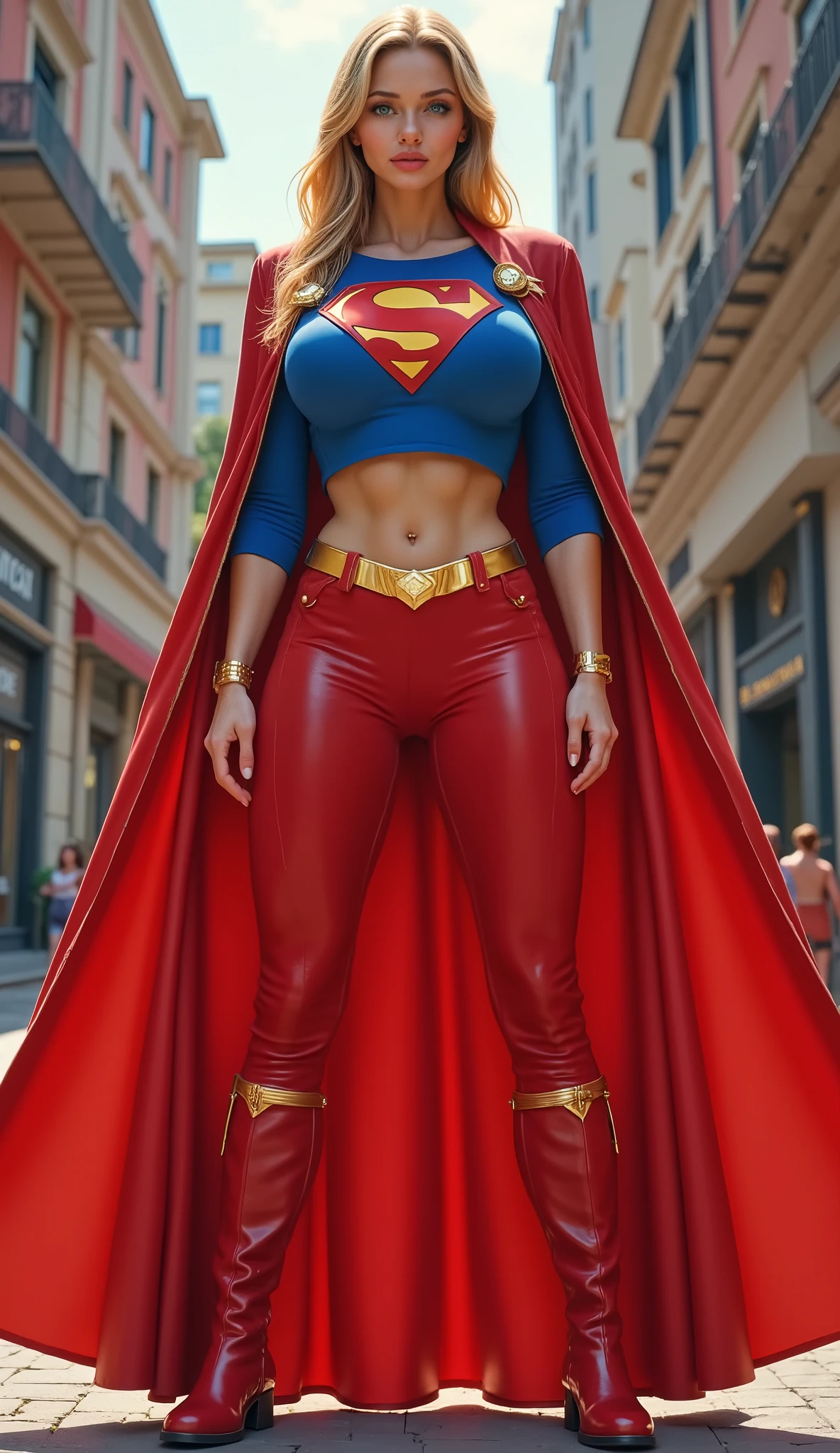 SEXY BLONDE FEMALE WITH BLUE EYES IN A LONG SLEEVE, blue buttonless open blouse, Classic "S" shield emblem on the right side of her chest, tied up below the breasts. Bottoms High-waisted RED pants in royal RED YELLOW belt with gold buckle Figure-hugging fit 2-inch inseam LONG Cape Floor-length red cape Attaches at shoulders with gold clasps Dramatic sweep and flow Scalloped bottom edge Lightweight fabric for movement Accessories Red go-go boots reaching mid-calf Gold trim along boot tops, Gold bracelets on both wrists