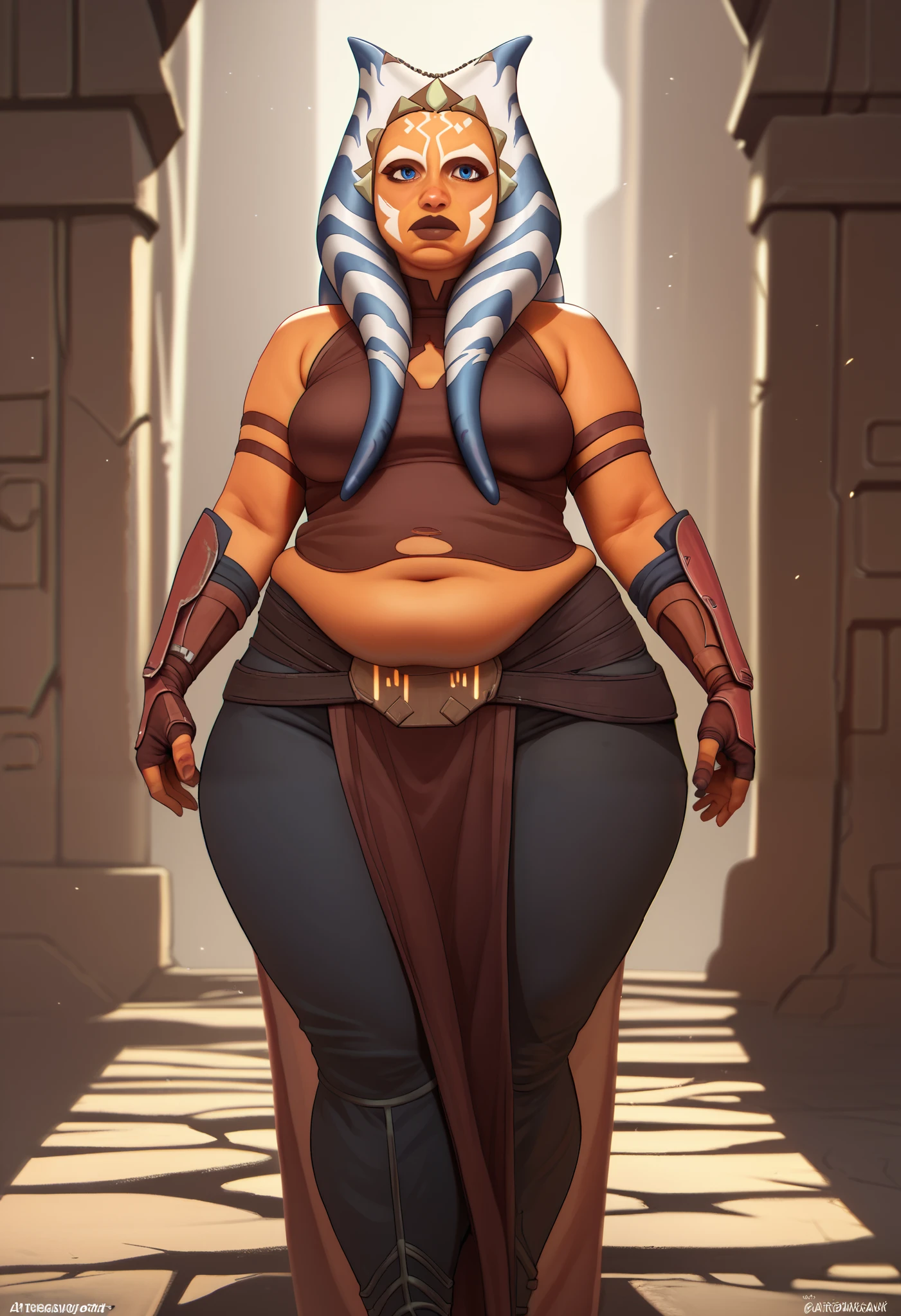 1girl, Ahsoka Tano, orange skin, chubby, adult, curvy, fat, long montrals, long lekku, thick. wide hips, big breasts. chubby belly, curvy, thick thighs. huge breasts.