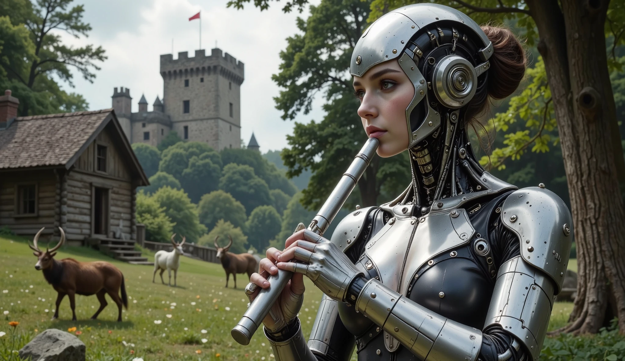A stunning cyborg girl, her face is half-human and half-robot face, on a summer day plays a silver metal flute in an ancient, lush forest with wild animals. A rustic 18th-century cabin stands nearby, and an old castle looms in the distance. The image captures her full body, showcasing her fusion of machine and human elements. Dramatic lighting highlights her face and the entire scene. Realistic, cinematic, 4K.