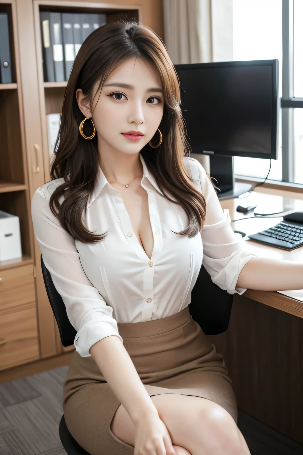 masterpiece、 best quality 、 real 、 very detailed on trends、 with finer details、High Resolution、8k wallpaper、1 beautiful woman、At the office、 Light Brown Disheveled Hair、 perfect dynamic configuration、 beautiful beautiful eyes、 Big Earrings 、 sitting on a chair、Secretary's Office 、 business suit、