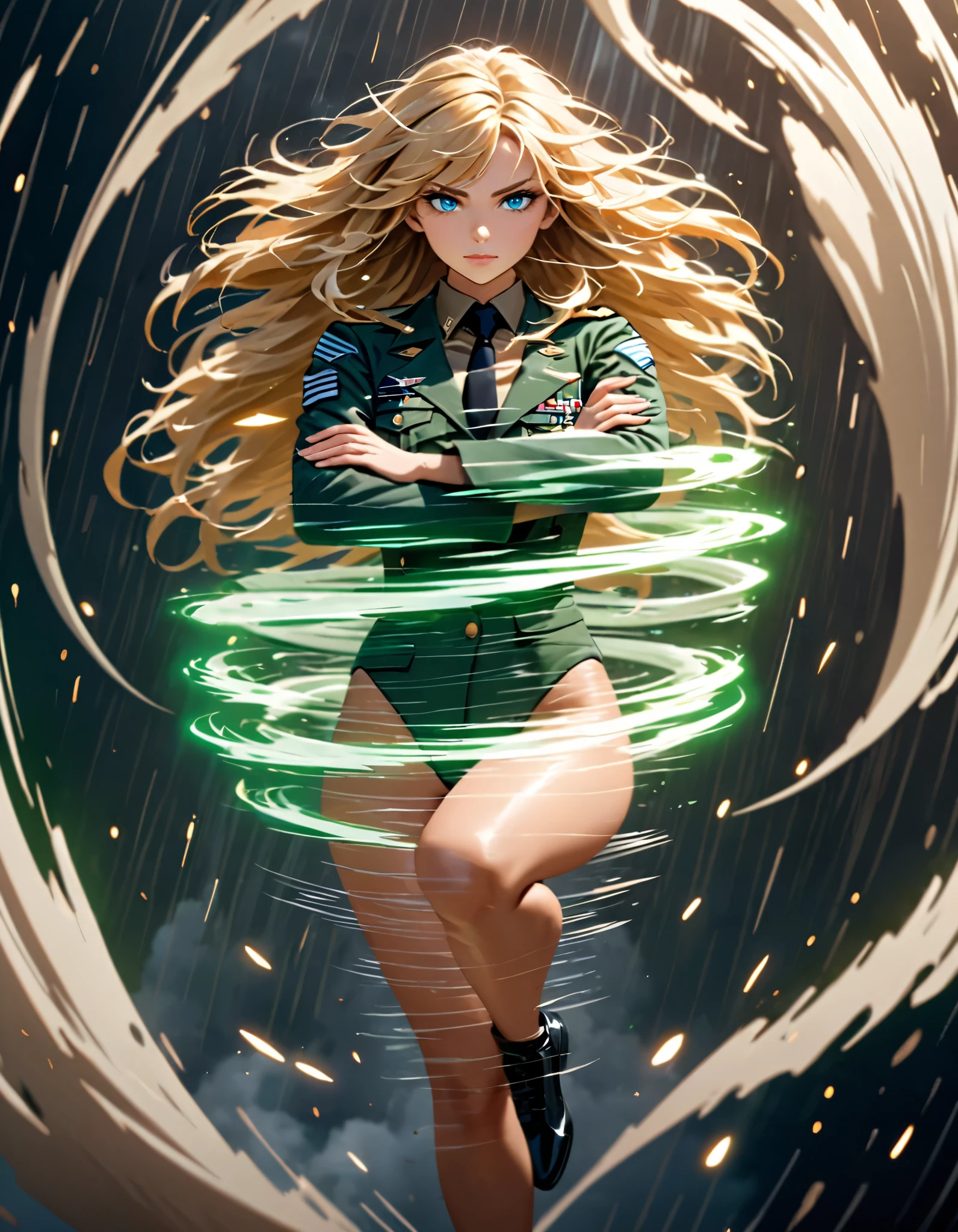 best quality, masterpiece, highres, solo, solo focus, 1lady, semi-realistic, floating, legs straight, blonde hair, blue eyes, beautiful detailed eyes, beautiful detailed face, (perfect hands), sexy us military officer, ((green and white leotard)), suit and tie, black necktie, green military uniform, (open jacket), perfect fit, matching shoes, outer space backdrop, neon edge lighting, highly detailed, professional, bare legs, matching boots, ankle-high boots, full body shot, medium hair, hair down, (dynamic spinning pose), (crossed arms, (she spins fast) in place like a (tornado), spiral lines). diffraction spikes, light particles.