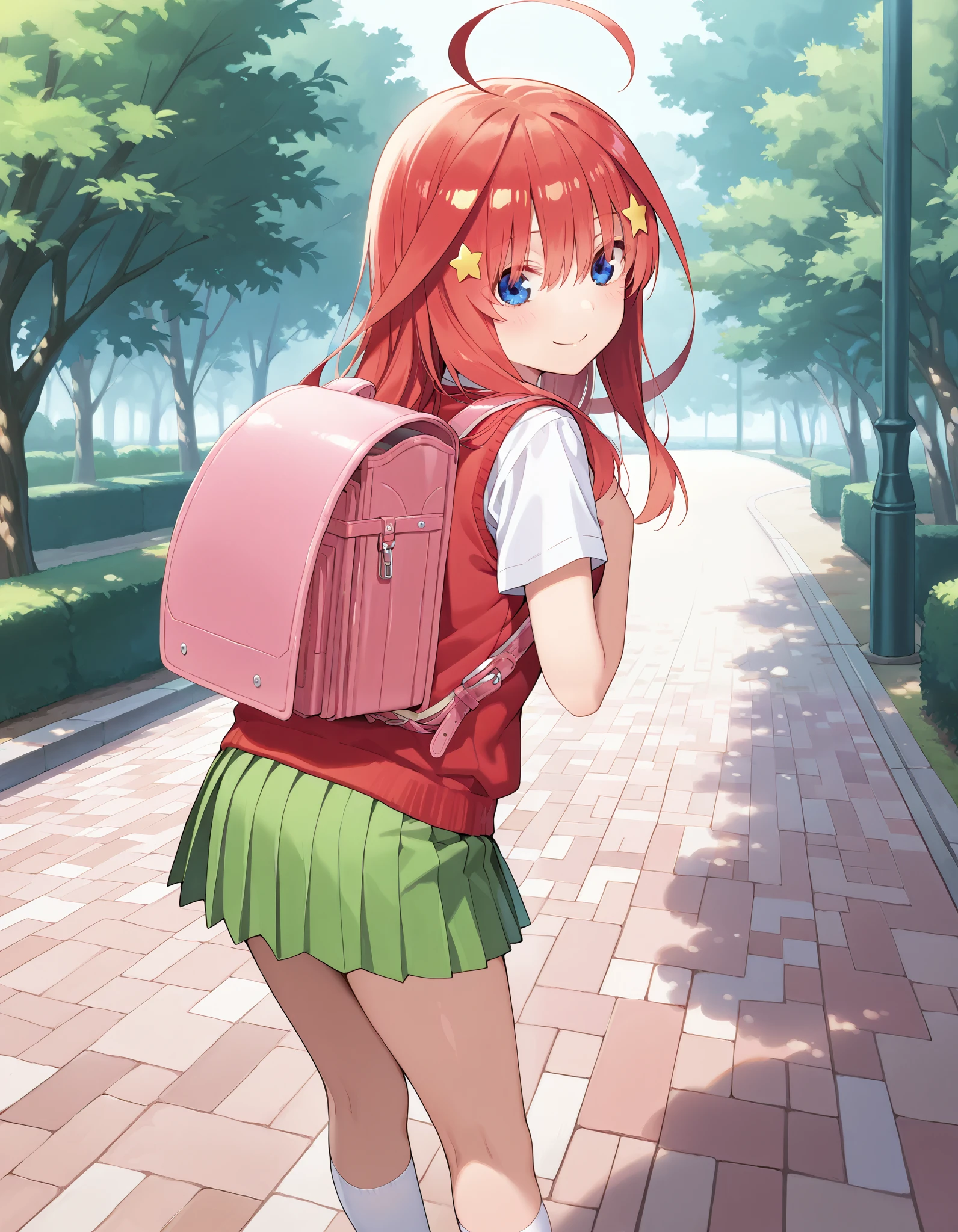 Masterpiece, hd, best quality, itsuki nakano, bangs, smile, blue eyes, hair between eyes, ahoge, red hair, long hair, star \(symbol\), hair ornament, star hair ornament, skirt, shirt, school uniform, collarbone, white shirt, short sleeves, pleated skirt, socks, collared shirt, miniskirt, kneehighs, white socks, green skirt, sweater vest, red sweater vest, standing, outdoor, park, wearing randoseru backpack, pink color backpack, from behind
