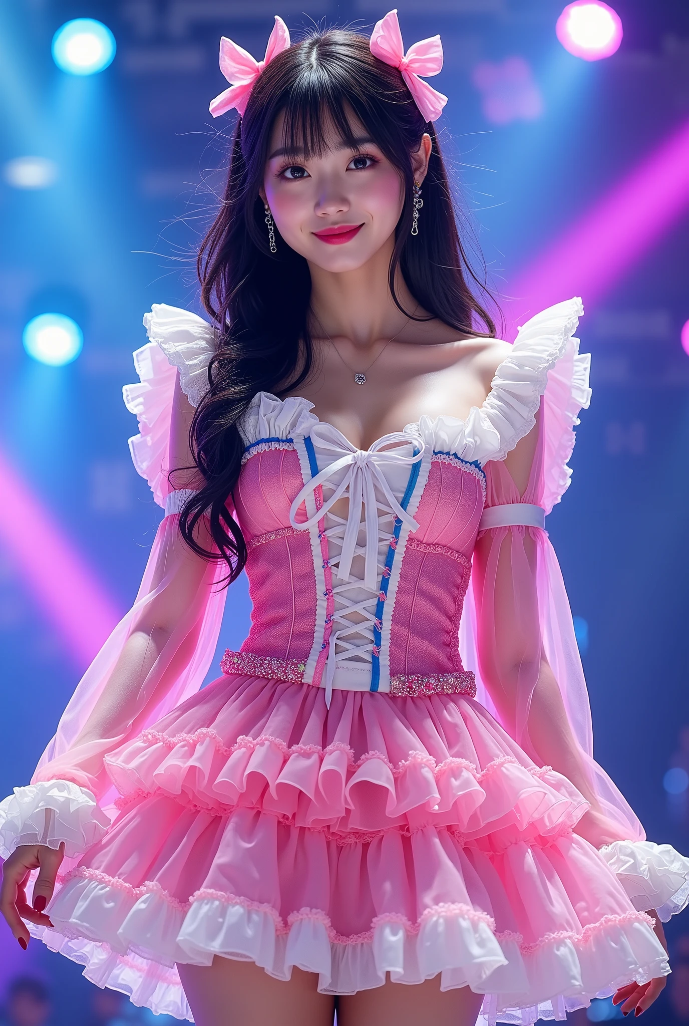 Create a highly detailed, realistic image of a young woman with long, dark hair styled with two small pink bows on either side. She is wearing a vibrant and transparent shinning glossy pink short dress that has a layered, frilly design with white ruffled edges on the sleeves and neckline. The dress has intricate lace-up details on the front, with white ribbons crisscrossing over the bodice. A large, white bow is tied around her waist, and the skirt is layered with multiple ruffles, alternating between white and pink frills. The upper part of the dress has a mix of white and blue accents, especially around the shoulders, giving it a lively, idol-like appearance. The girl’s expression is cheerful and playful, with a radiant smile, captured both in performance and posing with a slightly pensive look. Ensure that her outfit appears shiny and glossy, reflecting stage lights, and incorporate a vivid, performance-like atmosphere in the background.