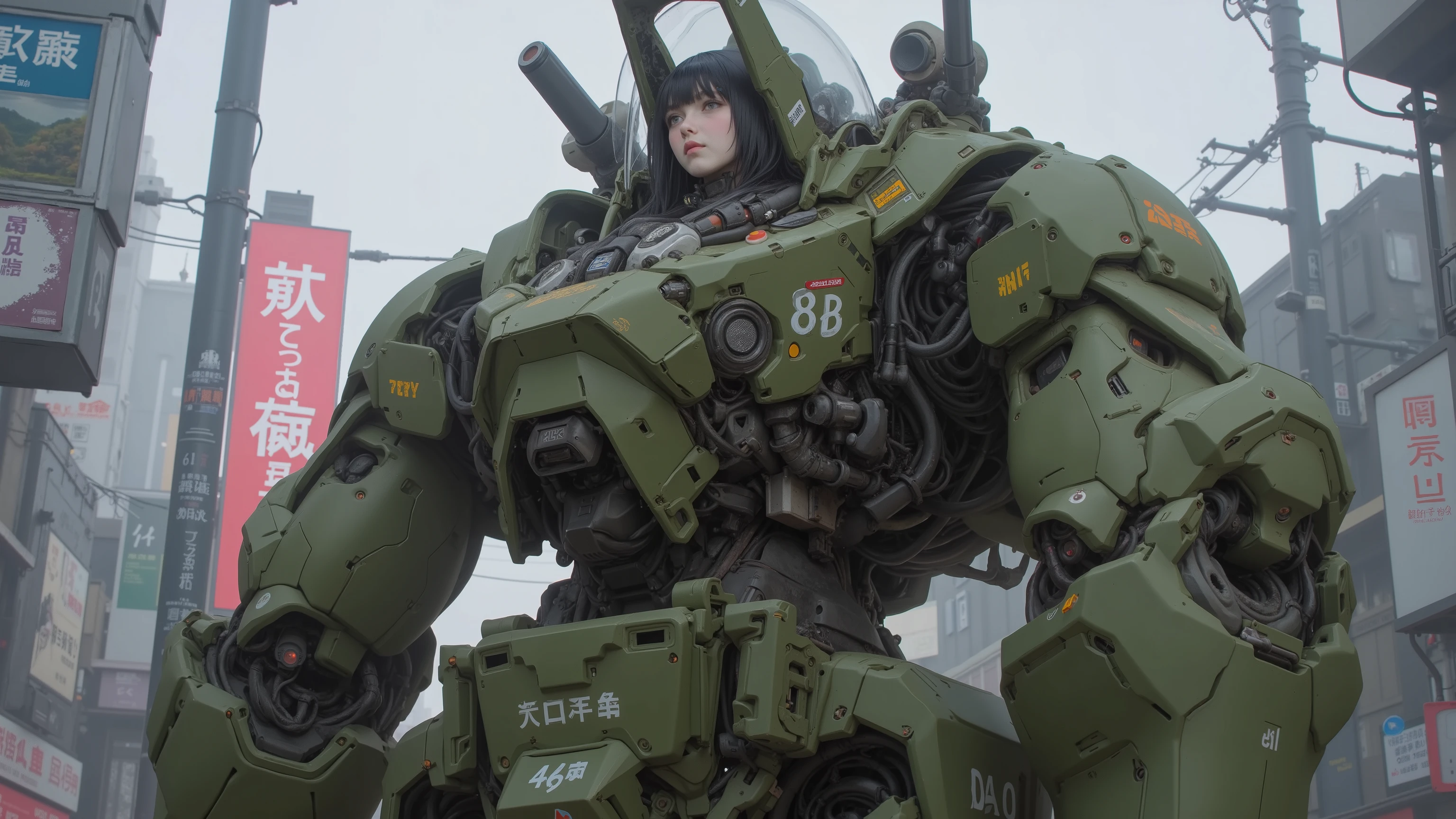 8k, feels just like the real thing 、 Super Realism 、 realistic pictures、 A Japanese female pilot sits in a cockpit placed on the chest of a giant robot.、 black hair、 BOB CUT、 beautiful women、 moss green combat armored robots 、straight line, Rugged design、Unit paint and identification number 、 narrow cockpit for the ages、 Dynamic Poses、Attack Godzilla、 Tokyo Building Street、